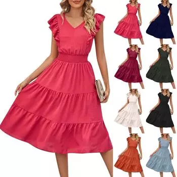 Женское повседневное летнее платье без рукавов с оборками и V-образным вырезом, длинное свободное платье, длинное свободное платье M бежевый