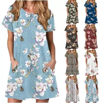 Женское повседневное летнее платье-футболка, свободное платье-туника с короткими рукавами и карманами для женщин L армия зеленый