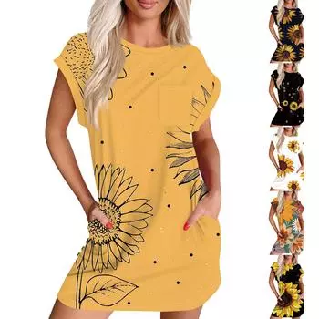 Женское повседневное летнее платье с круглым вырезом и коротким рукавом, футболка, платье, карман L