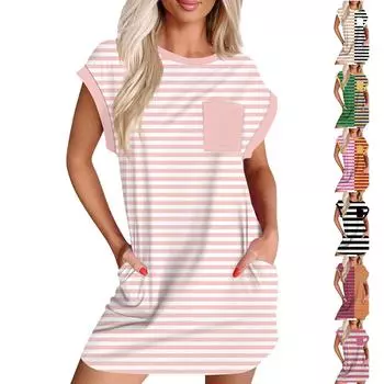 Женское повседневное летнее платье с круглым вырезом и коротким рукавом, футболка, платье, карман L чёрный