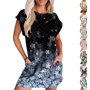 Женское повседневное летнее платье с круглым вырезом и коротким рукавом, футболка, платье, карман XXXL красный