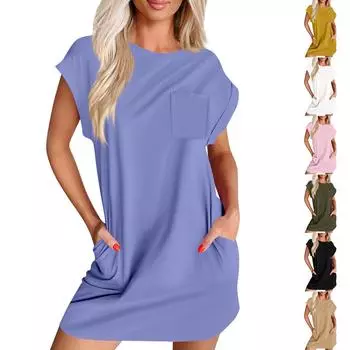 Женское повседневное летнее платье с круглым вырезом и коротким рукавом, футболка, платье, карман L армия зеленый
