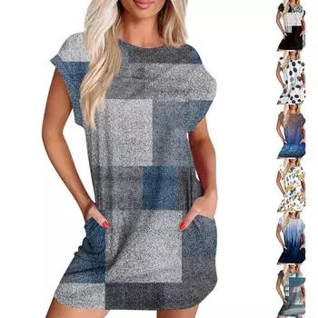 Женское повседневное летнее платье с круглым вырезом и коротким рукавом, футболка, платье, карман L