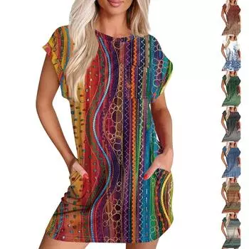 Женское повседневное летнее платье с круглым вырезом и коротким рукавом, футболка, платье, карман S синий