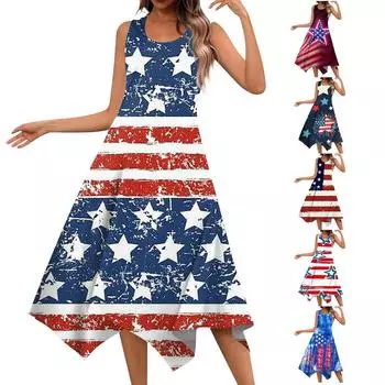 Женское повседневное летнее платье с принтом, сарафан с короткими рукавами, платья-майки, пляжное платье L синий