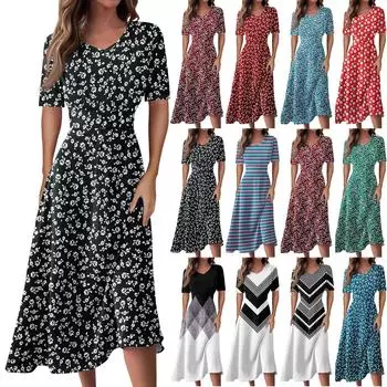 Женское повседневное летнее платье с принтом, сарафан с короткими рукавами, платья-майки, пляжное платье