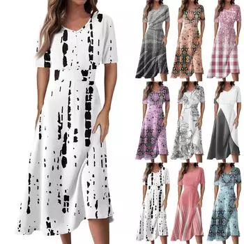 Женское повседневное летнее платье с принтом, сарафан с короткими рукавами, платья-майки, пляжное платье