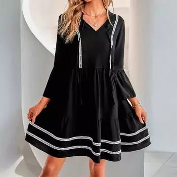 Женское повседневное летнее платье с рукавами три четверти, V-образным вырезом, оборками, капюшоном, кружевное, летящее, пляжное M чёрный
