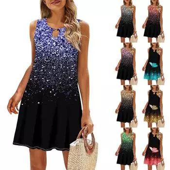 Женское повседневное летнее платье Сарафан без рукавов Платья-майки Пляжное платье Пляжное платье L синий