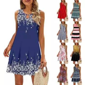 Женское повседневное летнее платье Сарафан без рукавов Платья-майки Пляжное платье Пляжное платье L синий