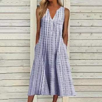 Женское повседневное летнее платье в полоску с V-образным вырезом и карманами без рукавов, праздничное платье, сарафан с цветочным принтом, платье миди L синий