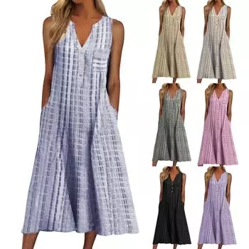 Женское повседневное летнее платье в полоску с V-образным вырезом и карманами без рукавов, праздничное платье, сарафан с цветочным принтом, платье миди