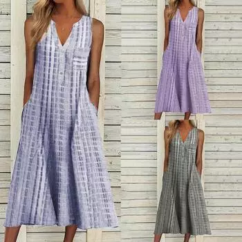 Женское повседневное летнее платье в полоску с V-образным вырезом и карманами без рукавов, праздничное платье, сарафан с цветочным принтом, платье миди