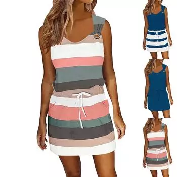 Женское повседневное летнее платье в полоску, без рукавов, с завязками на талии, комбинезон А-силуэта, короткое платье с карманами L красный