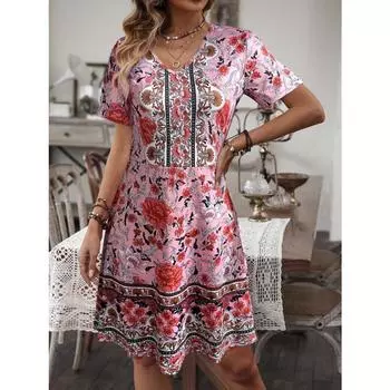 Женское повседневное летнее платье в стиле бохо с V-образным вырезом и рукавом 3/4. Летнее пляжное платье с цветочным принтом. S