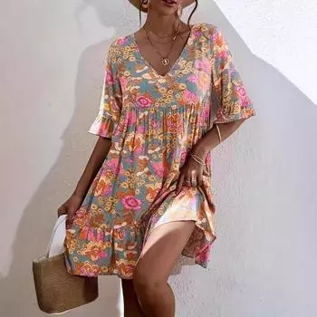 Женское повседневное летнее платье в стиле бохо с V-образным вырезом и цветочным принтом S оранжевый