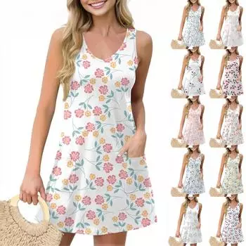 Женское повседневное летнее платье-жилет с карманами, цветочным принтом, V-образным вырезом, без рукавов L армия зеленый