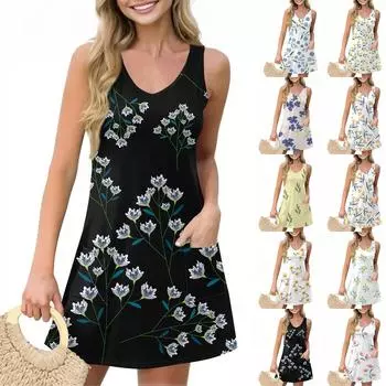 Женское повседневное летнее платье-жилет с карманами, цветочным принтом, V-образным вырезом, без рукавов L армия зеленый