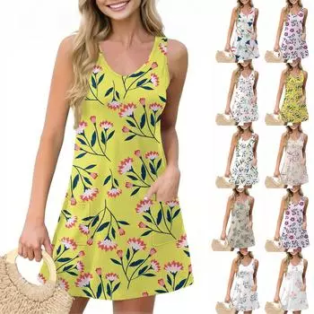 Женское повседневное летнее платье-жилет с карманами, цветочным принтом, V-образным вырезом, без рукавов L армия зеленый