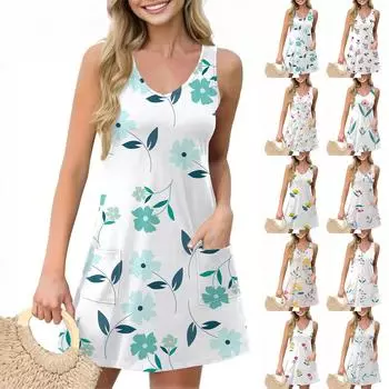 Женское повседневное летнее платье-жилет с карманами, цветочным принтом, V-образным вырезом, без рукавов L армия зеленый
