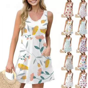 Женское повседневное летнее платье-жилет с карманами, цветочным принтом, V-образным вырезом, без рукавов L армия зеленый
