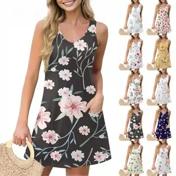 Женское повседневное летнее платье-жилет с карманами, цветочным принтом, V-образным вырезом, без рукавов XL