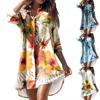 Женское повседневное летнее пляжное платье с карманами и лацканами с длинными рукавами и принтом, топы L