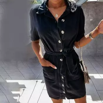 Женское повседневное летнее сексуальное джинсовое платье с карманами и короткими рукавами для похудения L чёрный