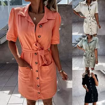 Женское повседневное летнее сексуальное джинсовое платье с карманами и короткими рукавами для похудения L чёрный