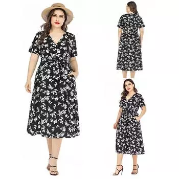 Женское повседневное летнее шифоновое платье больших размеров в стиле бохо с коротким рукавом и v-образным вырезом с цветочным принтом, длинные платья с карманами XL чёрный