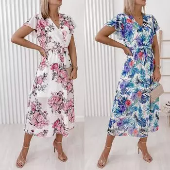 Женское повседневное летнее шифоновое платье-миди с высокой талией и принтом с рюшами и рукавами L розовый