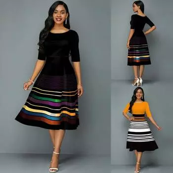 Женское повседневное летнее винтажное пляжное платье с круглым вырезом и половиной рукава, мягкое полосатое трапециевидное солнцезащитное платье S чёрный