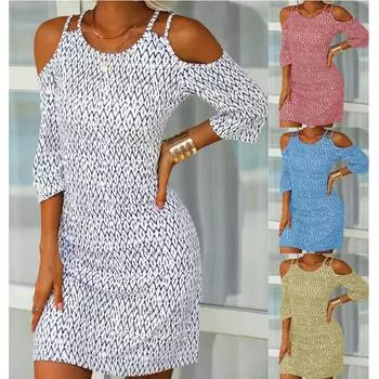 Женское повседневное мини-платье 2022 Весна-лето Женское платье с цветочным принтом и открытыми плечами, со средним рукавом S белый