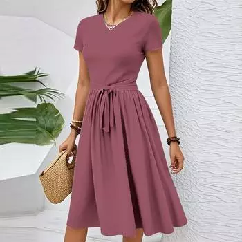 Женское повседневное модное элегантное платье с поясом и цветочным принтом, коротким рукавом и круглым вырезом L бежевый