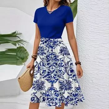 Женское повседневное модное элегантное платье с поясом и цветочным принтом, коротким рукавом и круглым вырезом XL