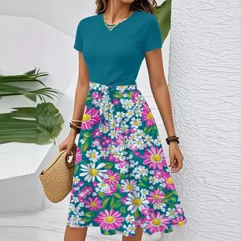 Женское повседневное модное элегантное платье с поясом и цветочным принтом, коротким рукавом и круглым вырезом S