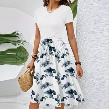 Женское повседневное модное элегантное платье с поясом и цветочным принтом, коротким рукавом и круглым вырезом L белый