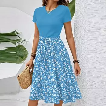 Женское повседневное модное элегантное платье с поясом и цветочным принтом, коротким рукавом и круглым вырезом L синий
