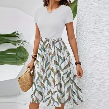 Женское повседневное модное элегантное платье с поясом и цветочным принтом, коротким рукавом и круглым вырезом M бежевый