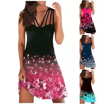 Женское повседневное модное элегантное платье с цветочным принтом и открытыми плечами со средней талией XXL синий