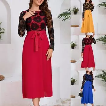 Женское повседневное модное черное кружевное платье с круглым вырезом и длинными рукавами L синий