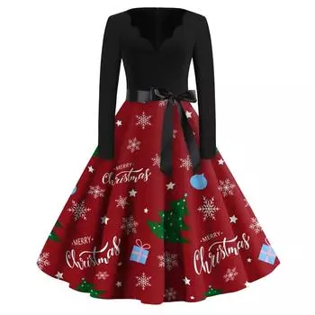 Женское повседневное модное длинное платье с V-образным вырезом и длинным рукавом с рождественским принтом в винтажном стиле XXXXXL
