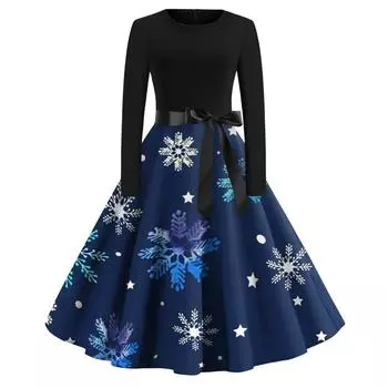 Женское повседневное модное длинное платье с круглым вырезом и длинным рукавом с рождественским принтом L