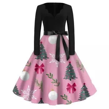 Женское повседневное модное длинное платье с V-образным вырезом и длинным рукавом с рождественским принтом в винтажном стиле XL