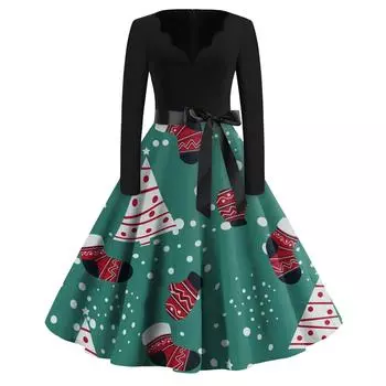Женское повседневное модное длинное платье с V-образным вырезом и длинным рукавом с рождественским принтом в винтажном стиле L