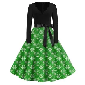 Женское повседневное модное длинное платье с V-образным вырезом и длинным рукавом с рождественским принтом в винтажном стиле XL