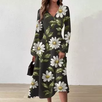 Женское повседневное модное длинное платье с V-образным вырезом и длинным рукавом с цветочным принтом L армия зеленый