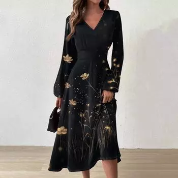 Женское повседневное модное длинное платье с V-образным вырезом и длинным рукавом с цветочным принтом L чёрный