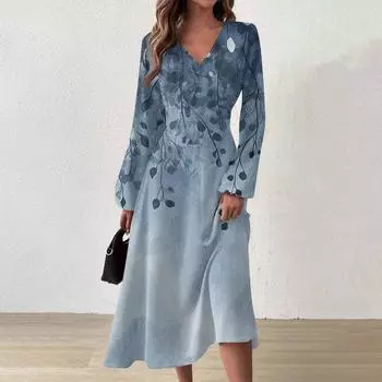 Женское повседневное модное длинное платье с V-образным вырезом и длинным рукавом с цветочным принтом L синий