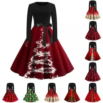 Женское повседневное модное длинное платье с круглым вырезом и длинным рукавом с рождественским принтом L винный